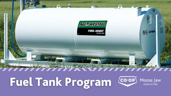 Fuel tank in a Saskatchewan field with an overcast sky. Fuel Tank Program by Moose Jaw Co-op Agriculture Division
